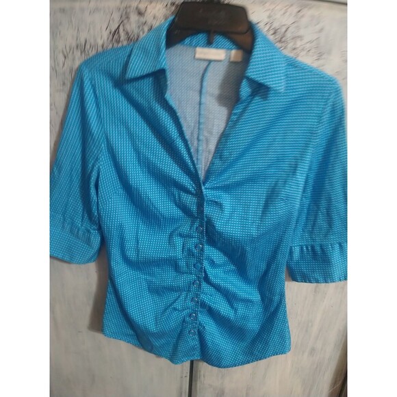 New York & Company Stretch Collared Button Up Blouse Blue Small Y2K - Picture 3 of 11
